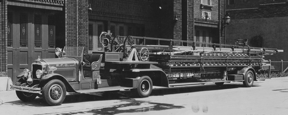 1936 LaFrance aerial truck at W.F.D. headquarters on Pitt Street East, courtesy of Walter McCall